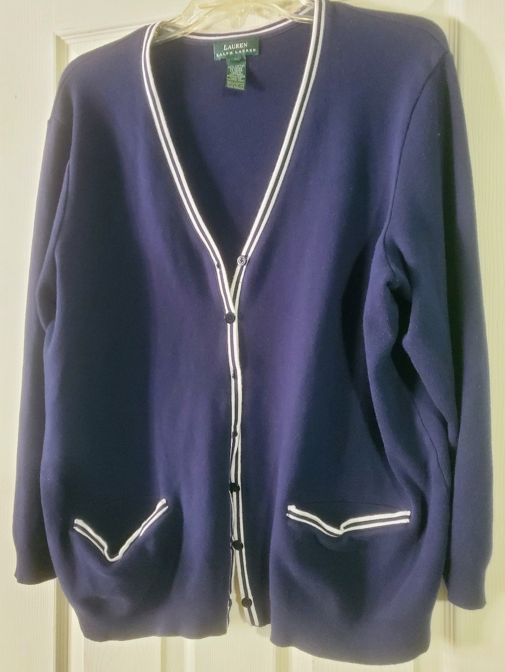 Lauren Ralph Lauren Navy Blue Cardigan Sweater White Trim Button Front Size XL